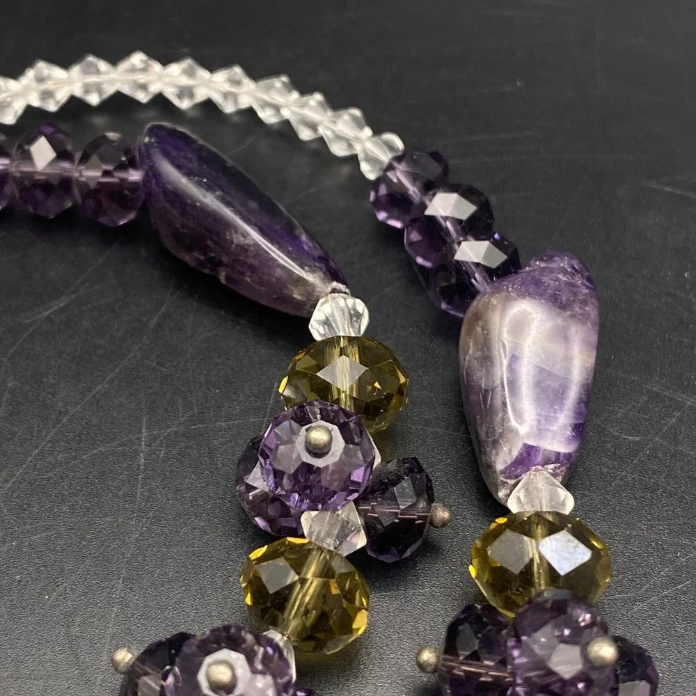 Amethyst Purple Stone and Faceted Glass Bead Adjustable Necklace Eclectic Style